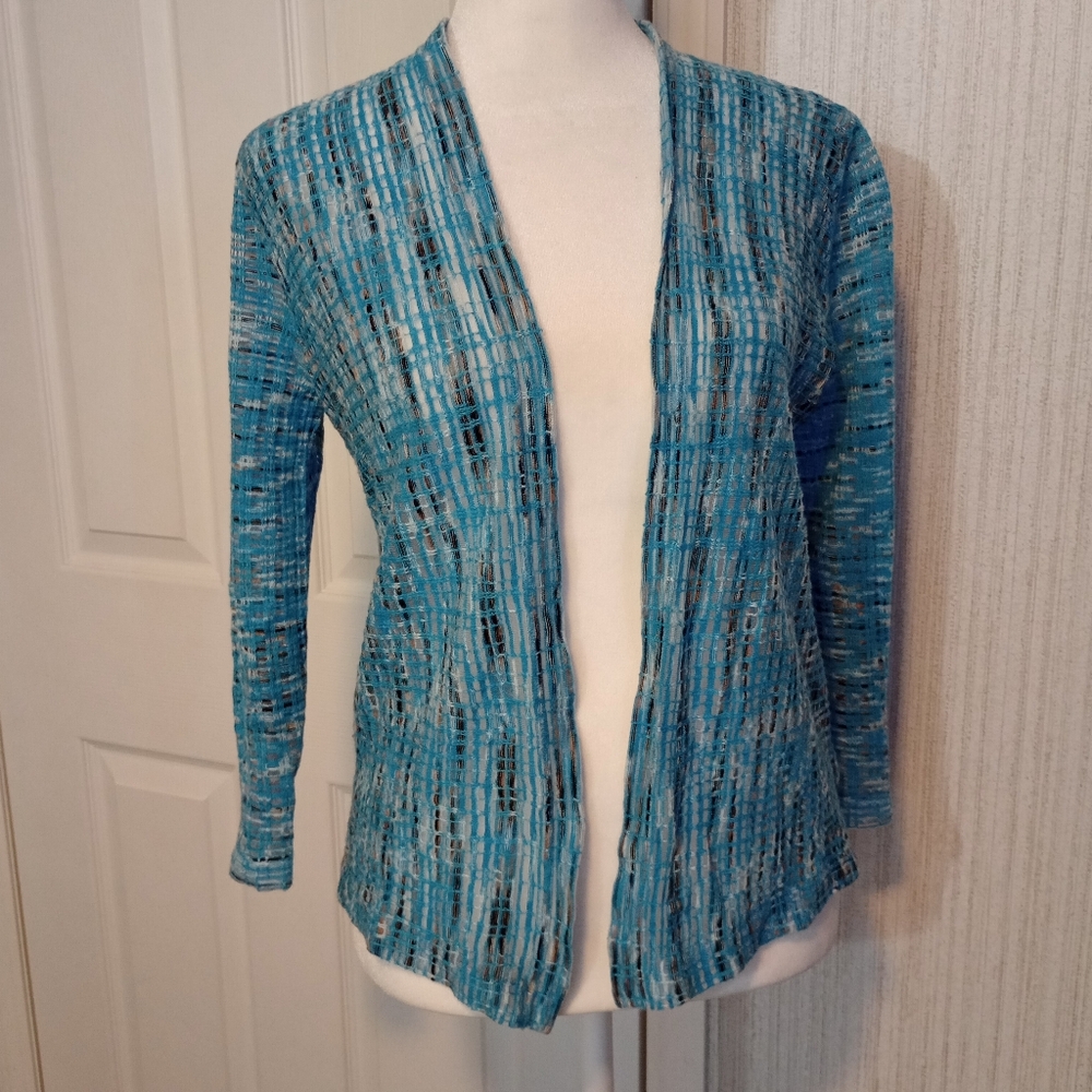 Nic + Zoe Women's Size XS Waffle Weave Sheer Cardigan Blue Brown Open Front EUC